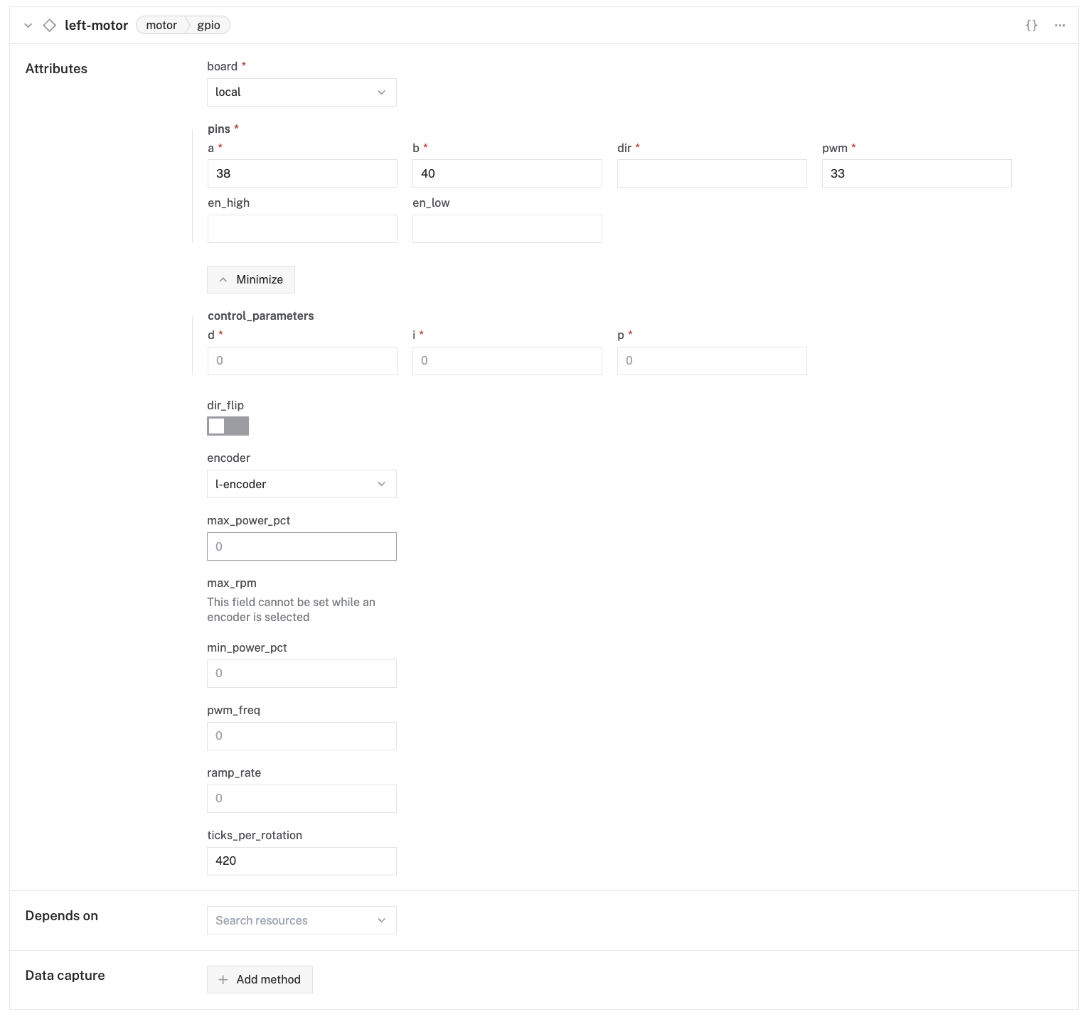 Configuration of a left gpio motor.
